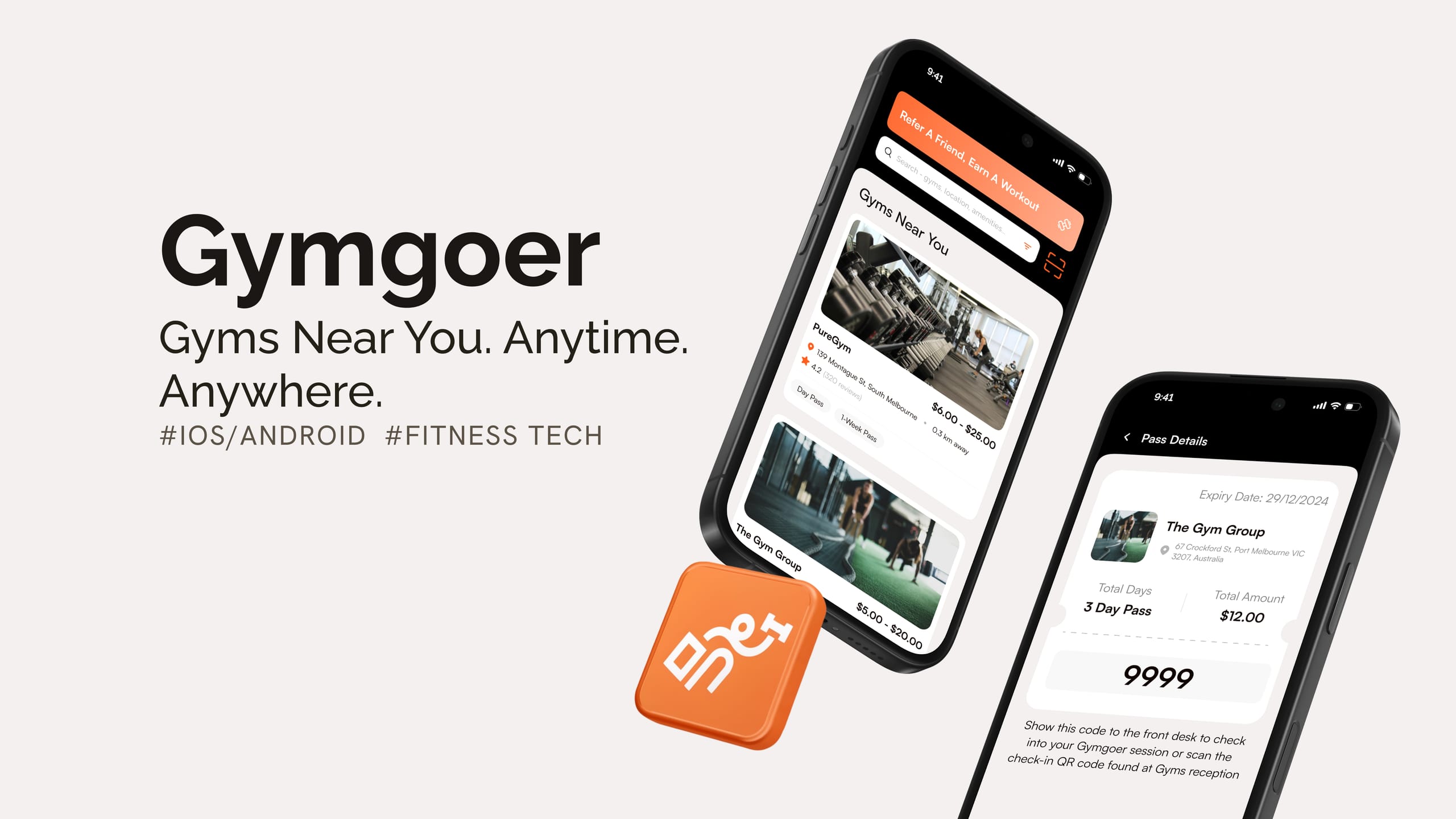 The GymGoer wordmark beside two phone screens showing nearby gyms and a day pass