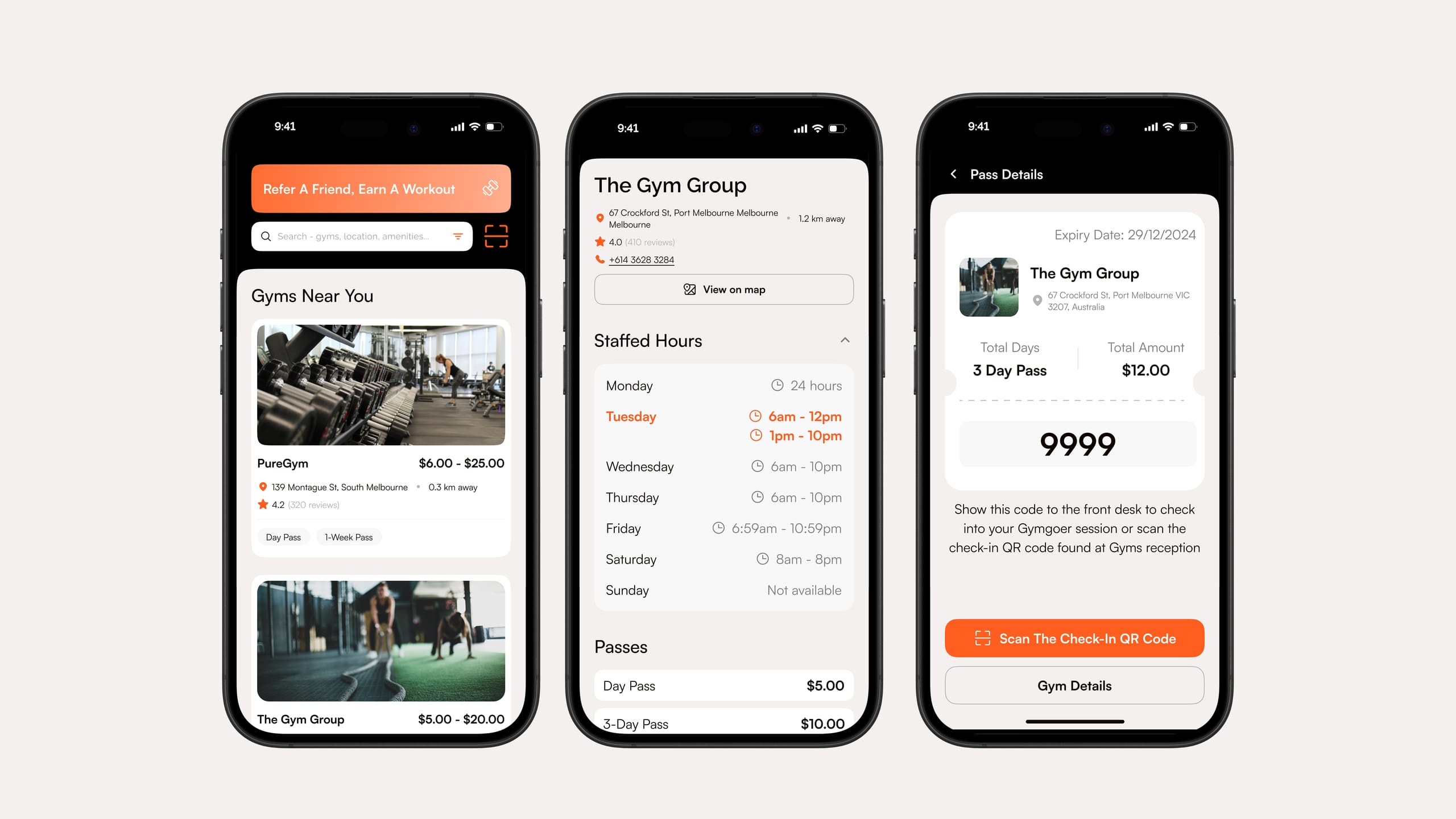 Three GymGoer screens: the gym list, time and price selection, and the confirmed pass