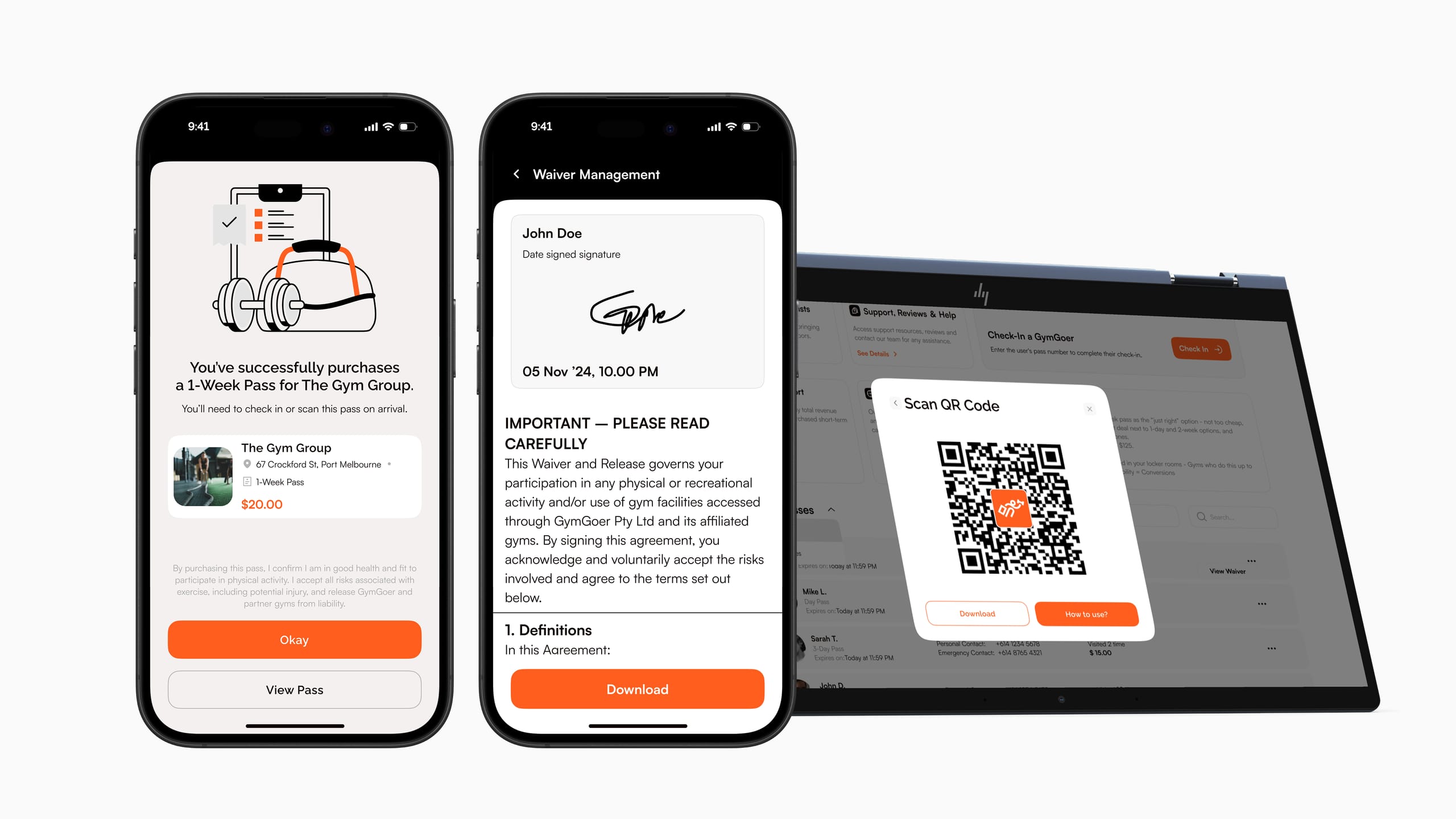 Three shipped GymGoer tiles: the booking confirmation, the waiver, and the operator capacity view