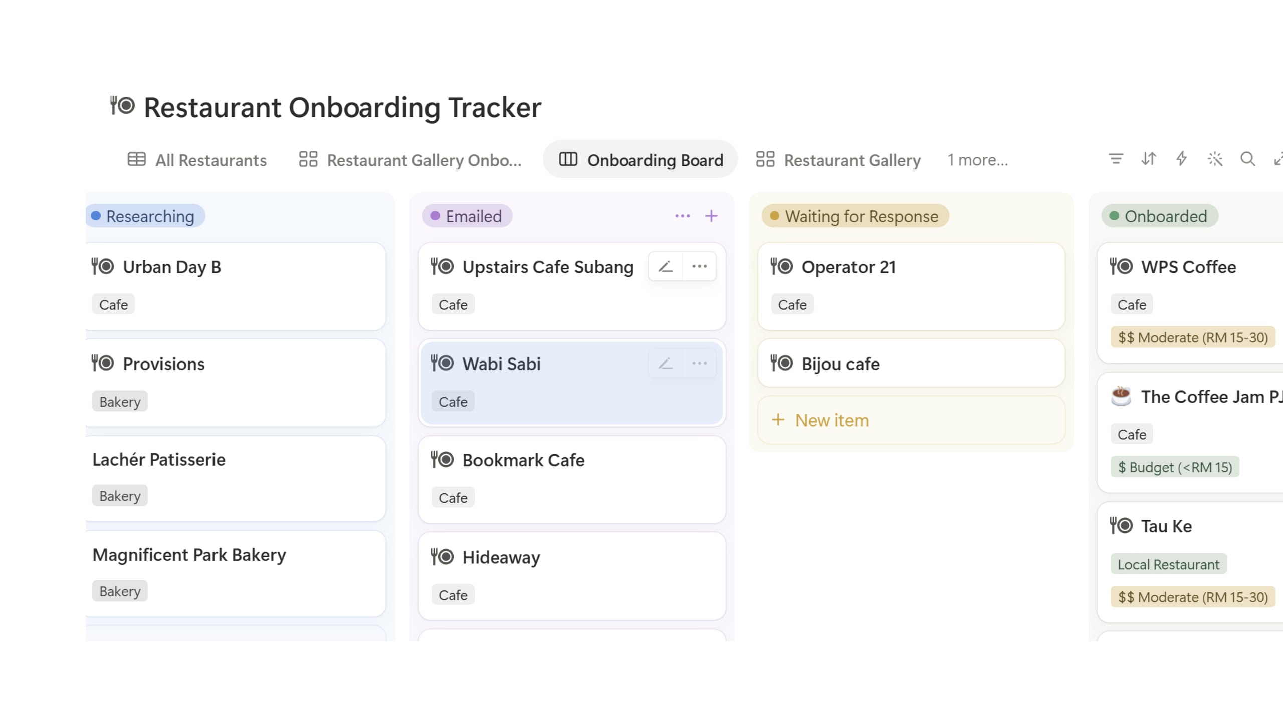 The restaurant onboarding pipeline, stage by stage, with venue types in the last column