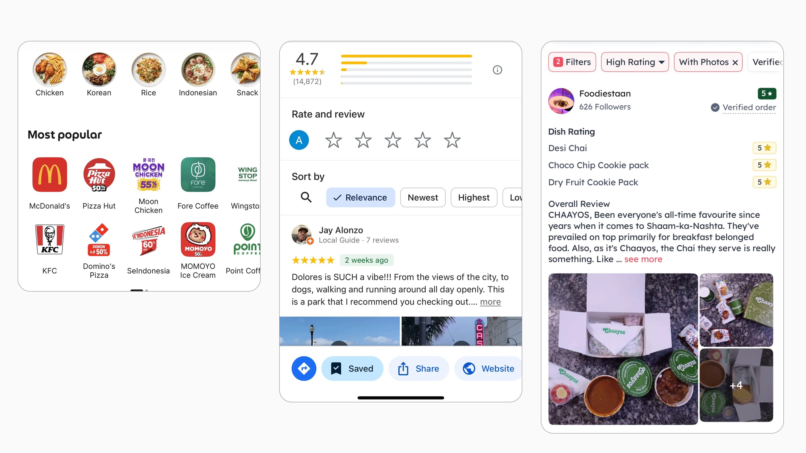 The category-and-rating listing pattern used by existing food discovery apps
