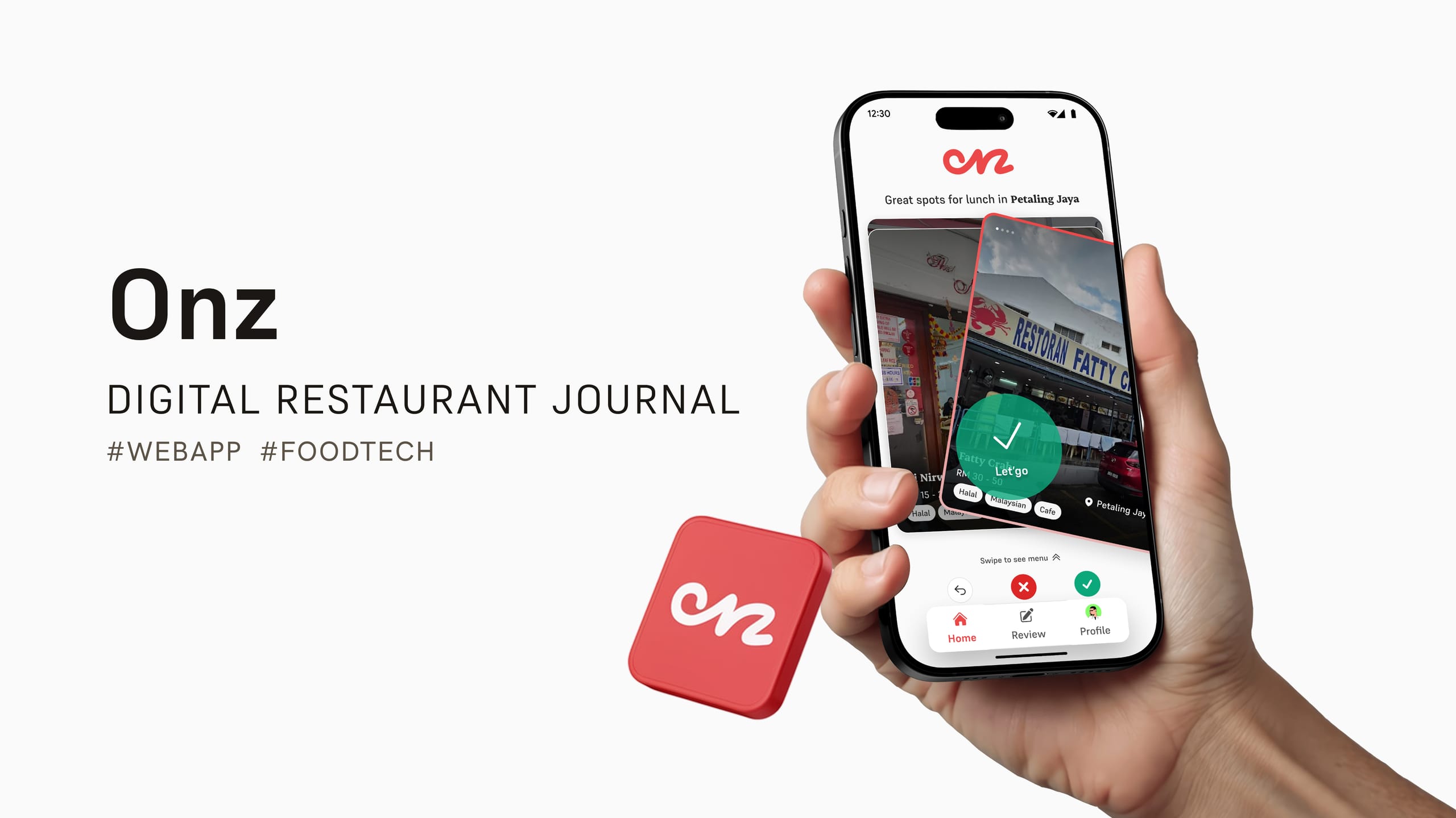 A hand holding a smartphone showing the Onz app