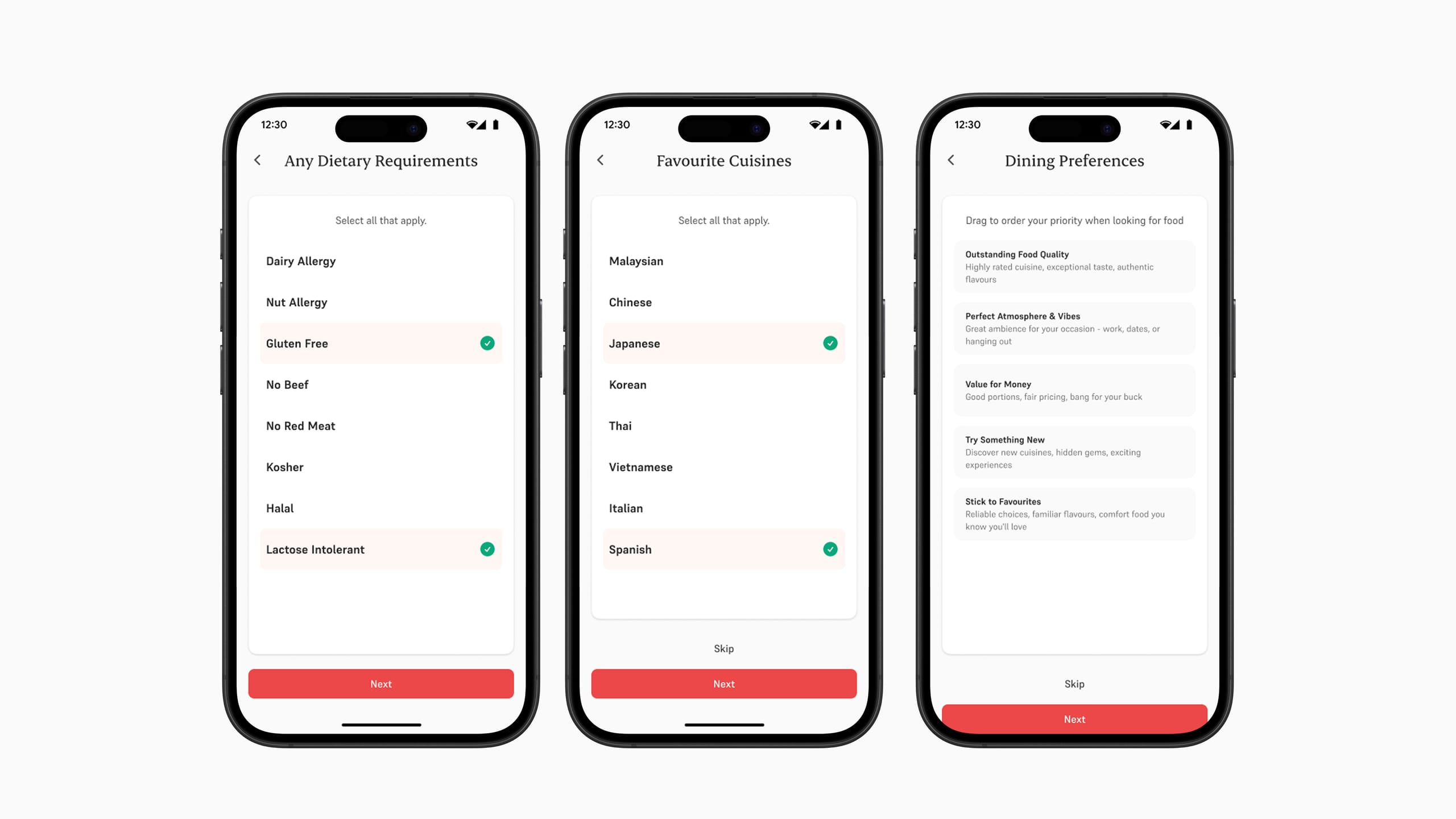 Onboarding screens capturing dietary requirements, cuisines and dining preferences
