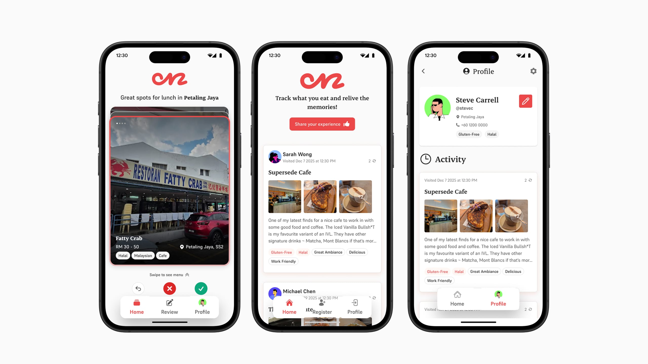 Three shipped Onz screens: the daily shortlist, the public review listing and the profile