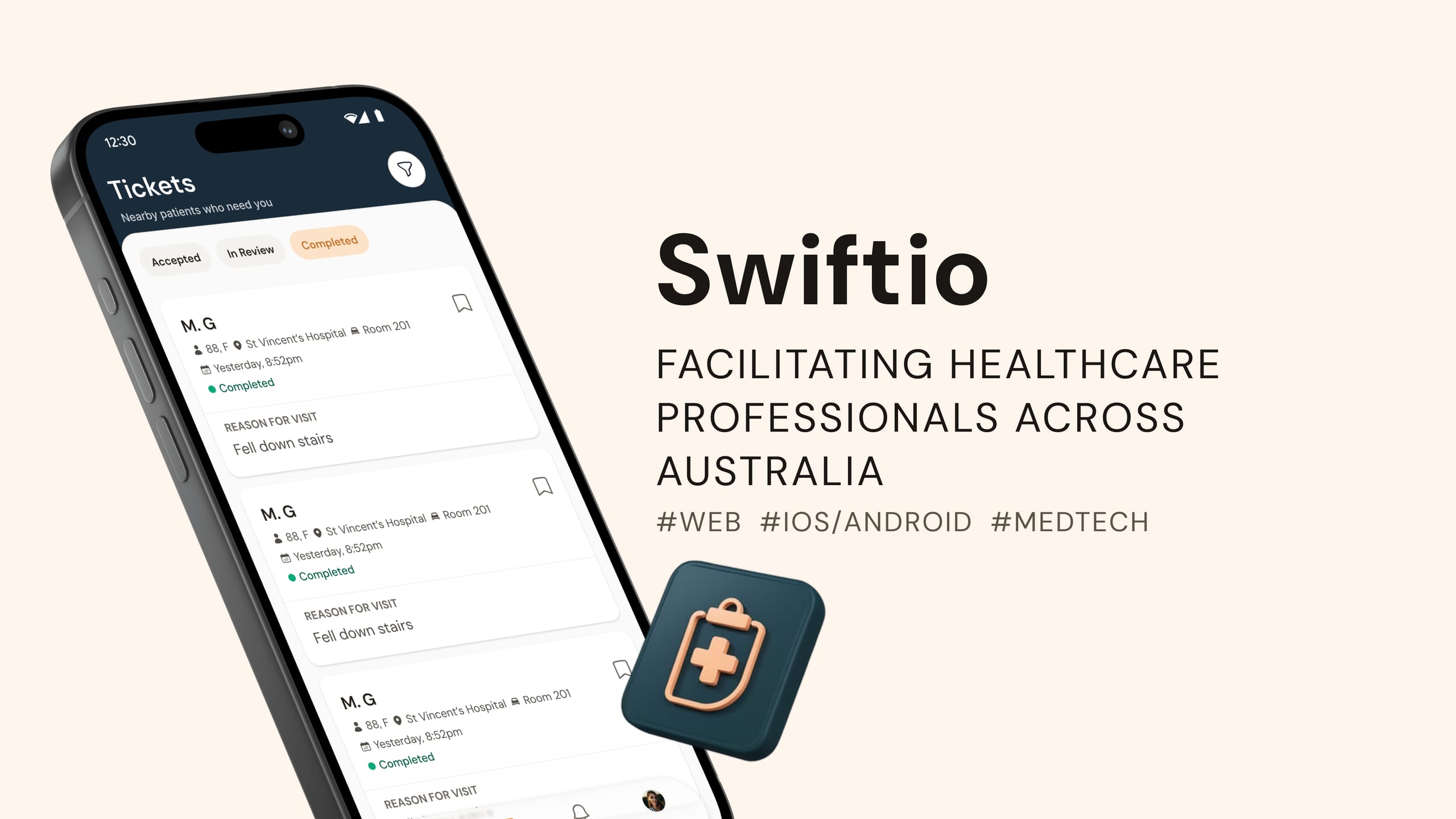 The Swiftio wordmark beside a phone showing a list of patient tickets