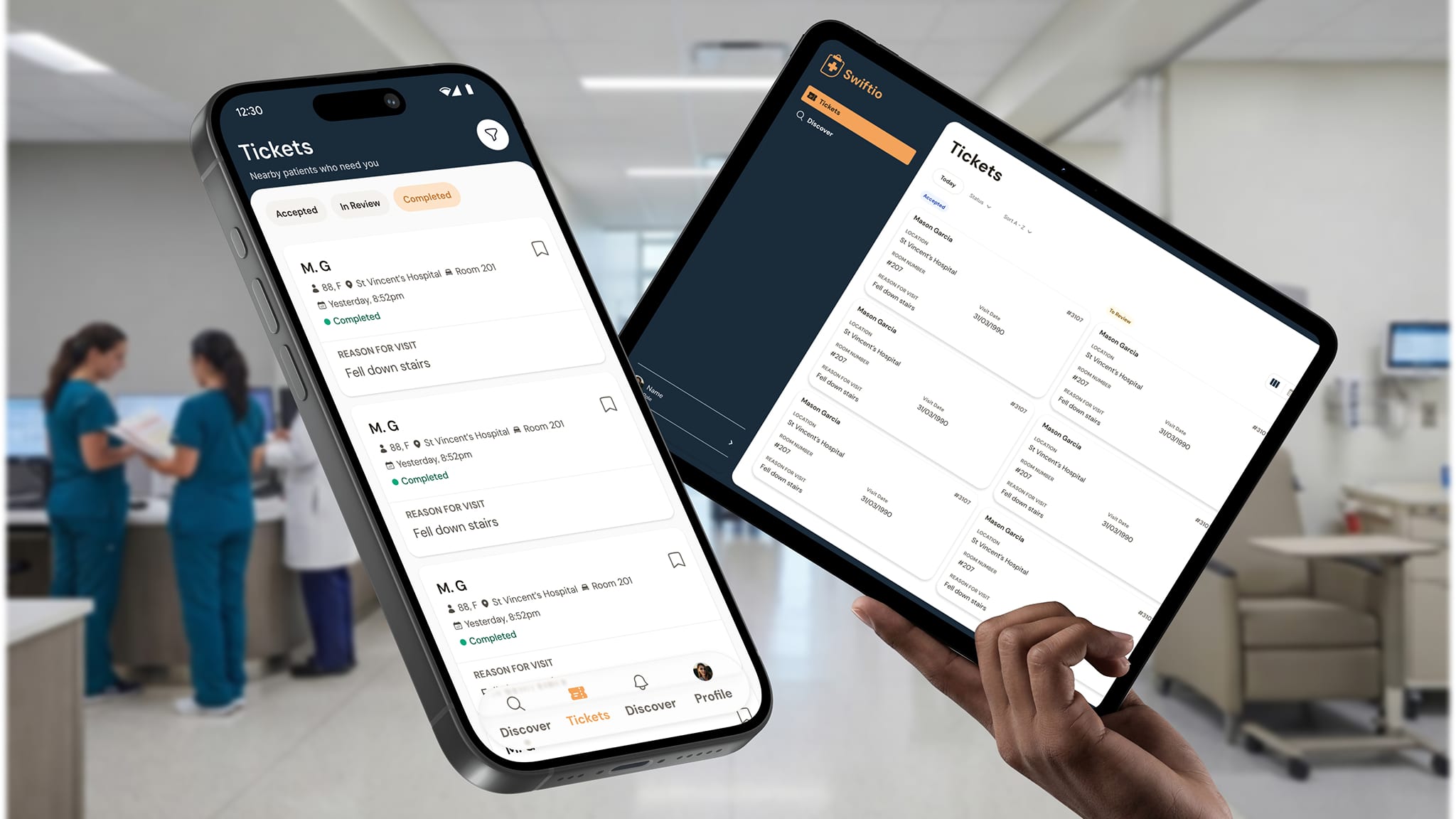 The shipped Swiftio doctor app and facility portal side by side
